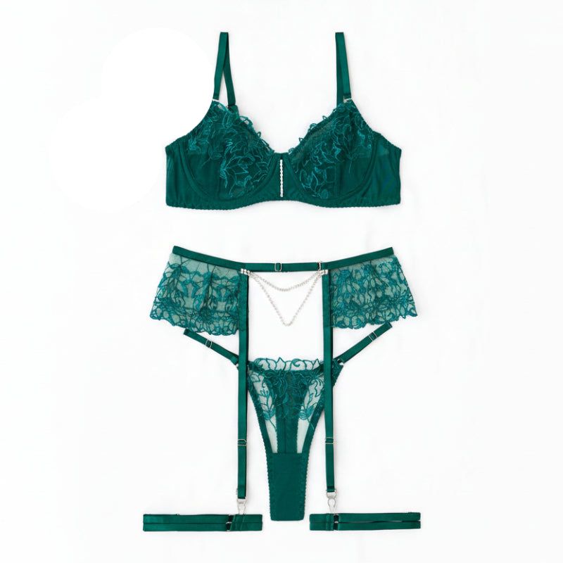 House Of Dasein Sexy Separated Lace Embroidery Sheer Mesh With Leg Ring Erotic Underwear Five Piece Set - Green - L