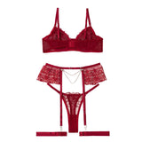 House Of Dasein Sexy Separated Lace Embroidery Sheer Mesh With Leg Ring Erotic Underwear Five Piece Set - Red - M