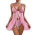 House Of Dasein Sexy Mesh Floral Strap Bow Slit Nightgown Set With Lingerie Style - Pink - M