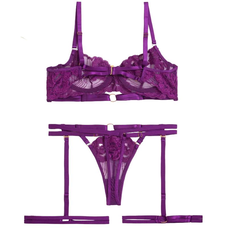 House Of Dasein Style Sexy Underwire Gathered French Lace Embroidered Tie Strap Pure Desire Hollow Out Four Piece Set Lingerie Suit - Purple - S