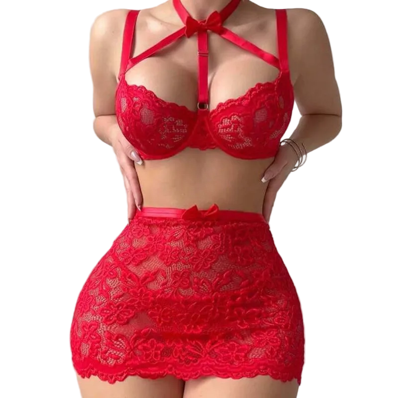 House Of Dasein Floral Lace Bow Halter Strapless With Net Stockings Lingerie Set - Red - S