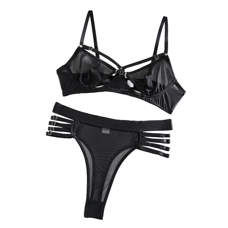 House Of Dasein Transparent Mesh Non Wired Motorcycle Sexy Lingerie Set - Black - S