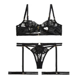 House Of Dasein Style Sexy Underwire Gathered French Lace Embroidered Tie Strap Pure Desire Hollow Out Four Piece Set Lingerie Suit - Black - Xl