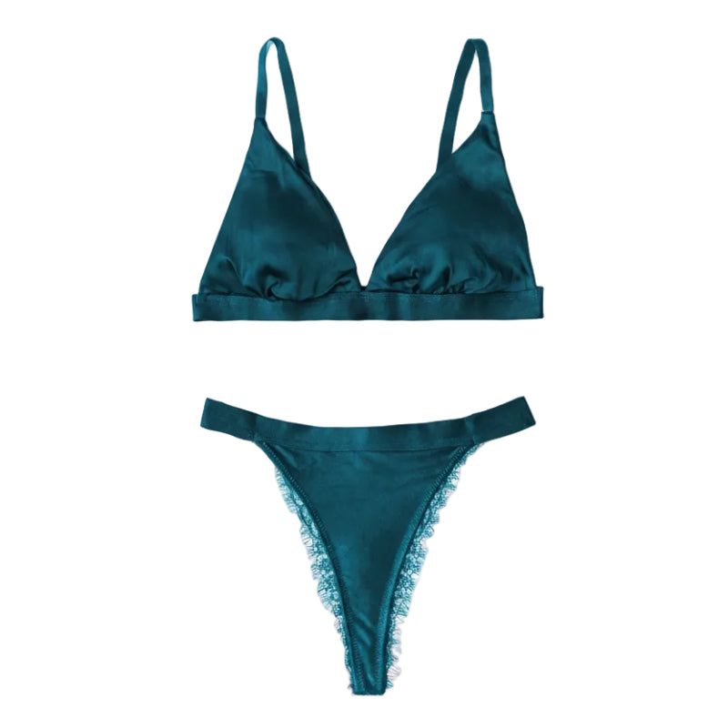 House Of Dasein French Style Ultra Thin Solid Color Lace Underwear Triangle Cup Wire Free Bra Erotic Two Piece Set - Peacock Green - M
