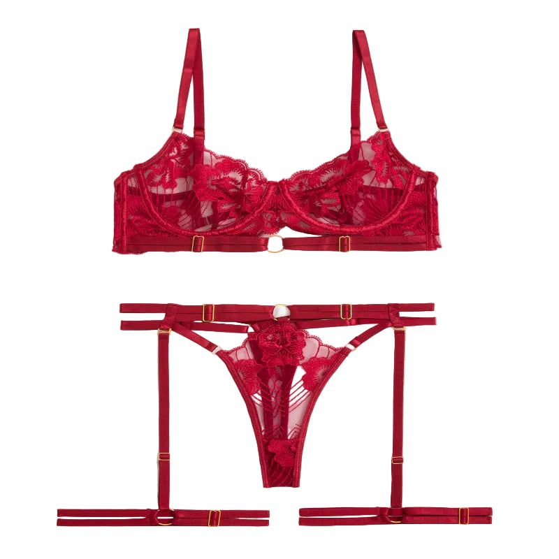 House Of Dasein Style Sexy Underwire Gathered French Lace Embroidered Tie Strap Pure Desire Hollow Out Four Piece Set Lingerie Suit - Red - L