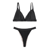 House Of Dasein French Style Ultra Thin Solid Color Lace Underwear Triangle Cup Wire Free Bra Erotic Two Piece Set - Black - L