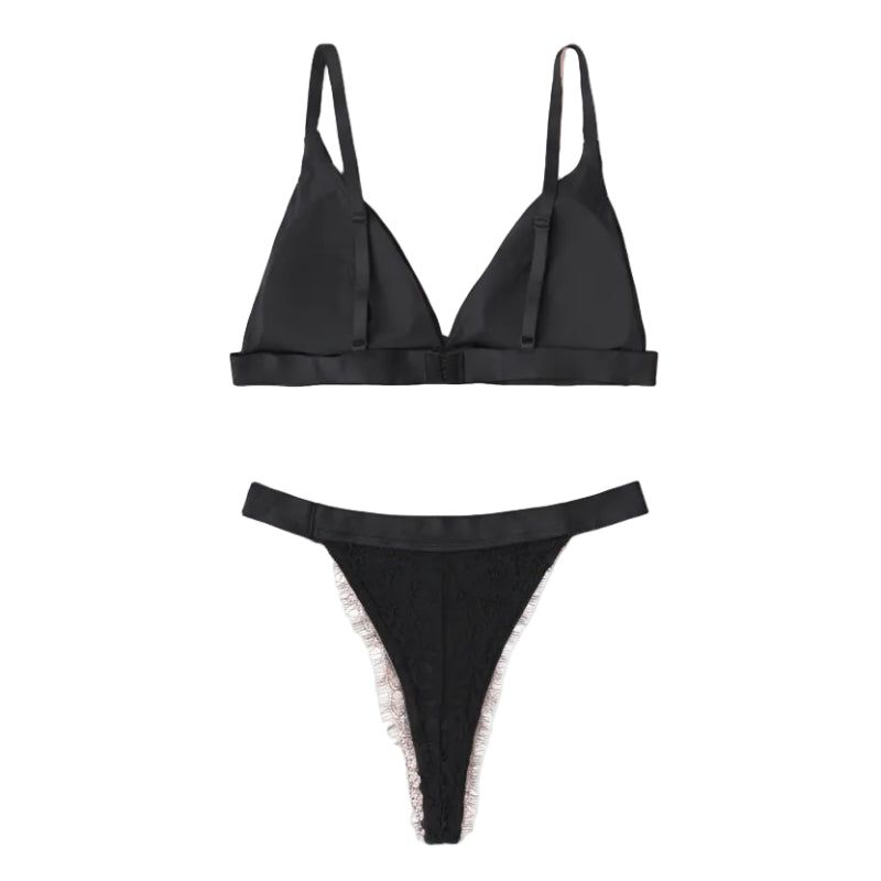 House Of Dasein French Style Ultra Thin Solid Color Lace Underwear Triangle Cup Wire Free Bra Erotic Two Piece Set - Black - L