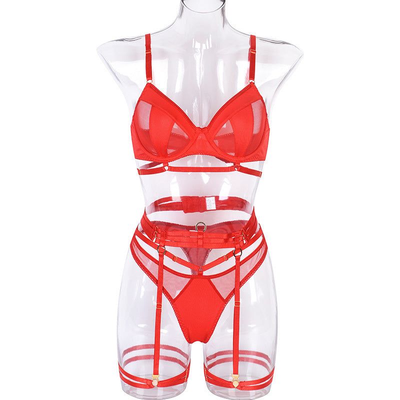 House Of Dasein Spring And Summer Fashion Lace Complex Craft Gathered Hollow Out Mesh Sexy Lingerie Four Piece Set For Women - Red - S
