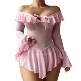 House Of Dasein Sexy Transparent Mesh Pure Desire One-Shoulder Dress Seductive Erotic Uniform Underwear - Pink - S