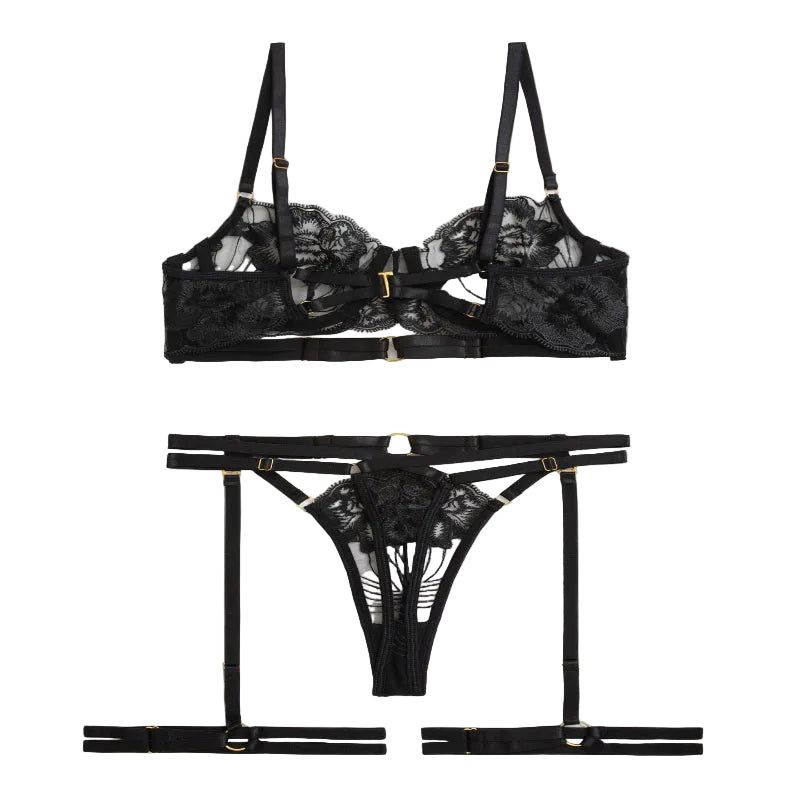 House Of Dasein Style Sexy Underwire Gathered French Lace Embroidered Tie Strap Pure Desire Hollow Out Four Piece Set Lingerie Suit - Black - S
