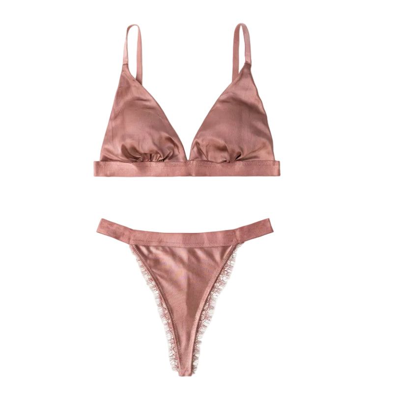 House Of Dasein French Style Ultra Thin Solid Color Lace Underwear Triangle Cup Wire Free Bra Erotic Two Piece Set - Rose Gold - M