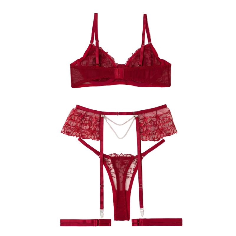 House Of Dasein Sexy Separated Lace Embroidery Sheer Mesh With Leg Ring Erotic Underwear Five Piece Set - Red - Xl