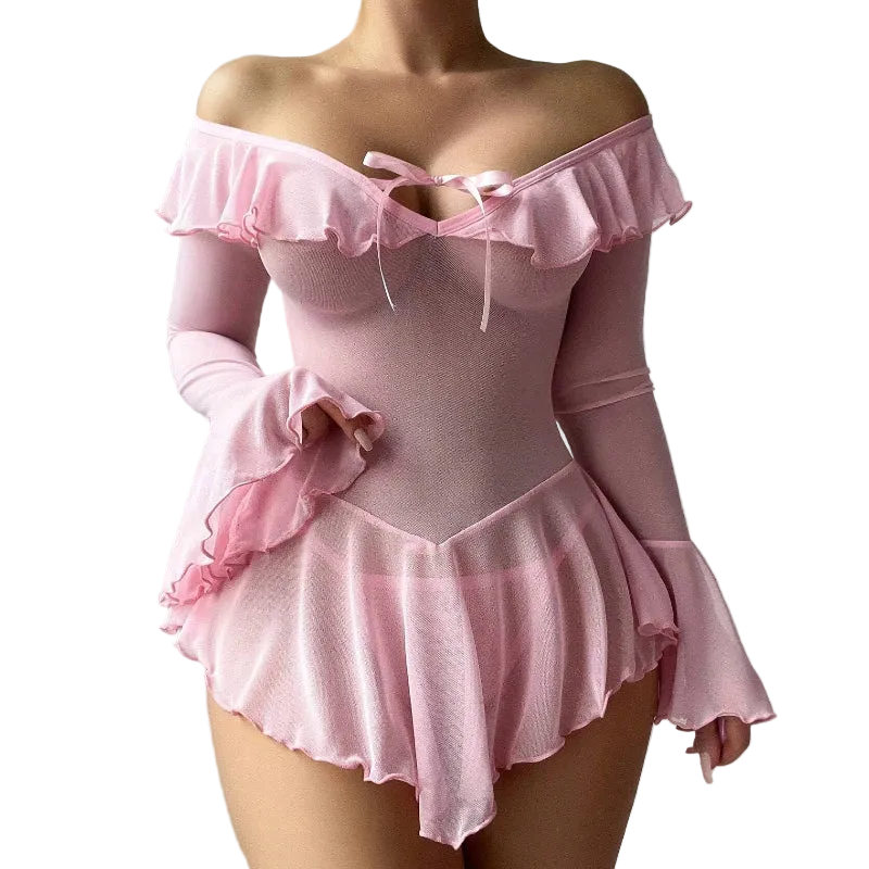 House Of Dasein Sexy Transparent Mesh Pure Desire One-Shoulder Dress Seductive Erotic Uniform Underwear - Pink - M