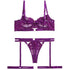 House Of Dasein Style Sexy Underwire Gathered French Lace Embroidered Tie Strap Pure Desire Hollow Out Four Piece Set Lingerie Suit - Purple - L