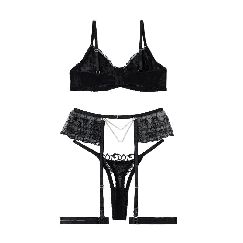House Of Dasein Sexy Separated Lace Embroidery Sheer Mesh With Leg Ring Erotic Underwear Five Piece Set - Black - Xl