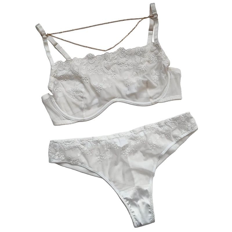 House Of Dasein Lace Thin Strapless Chain Detachable Sexy Lingerie Set Large Chest Minimizer Gathering And Lift - White - M