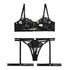 House Of Dasein Style Sexy Underwire Gathered French Lace Embroidered Tie Strap Pure Desire Hollow Out Four Piece Set Lingerie Suit - Black - L