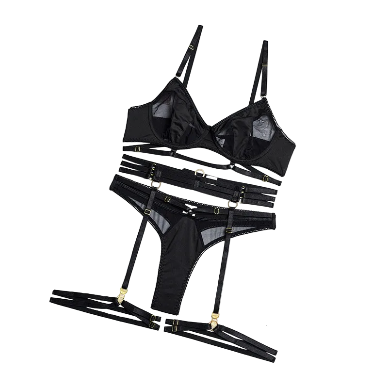 House Of Dasein Spring And Summer Fashion Lace Complex Craft Gathered Hollow Out Mesh Sexy Lingerie Four Piece Set For Women - Black - Xl