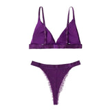 House Of Dasein French Style Ultra Thin Solid Color Lace Underwear Triangle Cup Wire Free Bra Erotic Two Piece Set - Purple - M