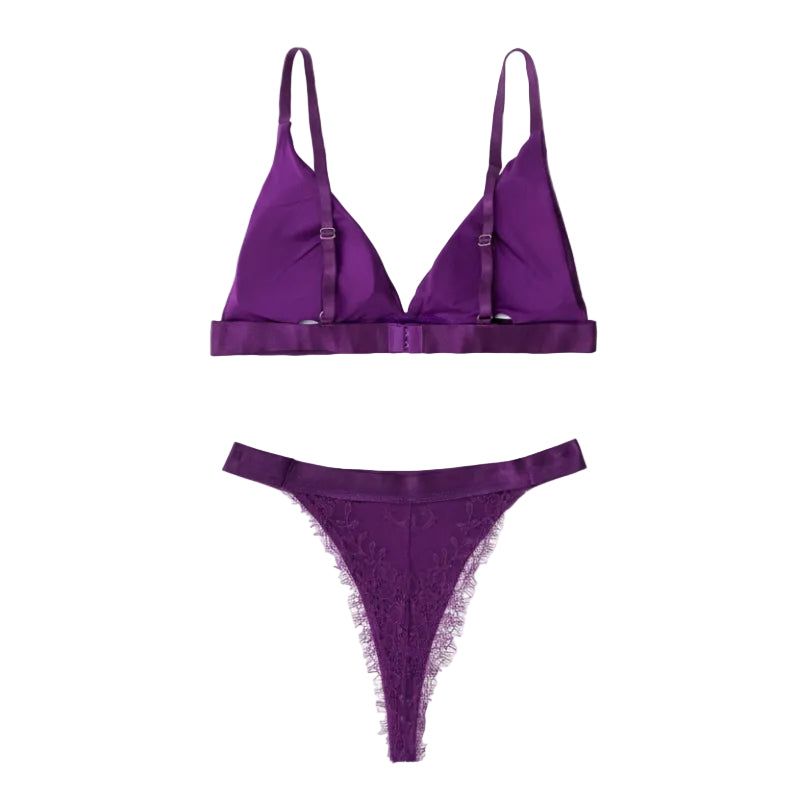 House Of Dasein French Style Ultra Thin Solid Color Lace Underwear Triangle Cup Wire Free Bra Erotic Two Piece Set - Purple - M