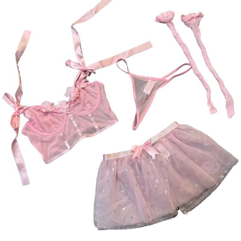House Of Dasein Sexy 3D Flower Bow Tie Sequin Mesh Skirt Lingerie Set - Pink - Xl