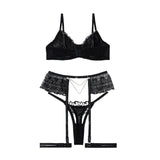 House Of Dasein Sexy Separated Lace Embroidery Sheer Mesh With Leg Ring Erotic Underwear Five Piece Set - Black - S