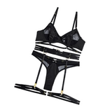 House Of Dasein Spring And Summer Fashion Lace Complex Craft Gathered Hollow Out Mesh Sexy Lingerie Four Piece Set For Women - Black - L