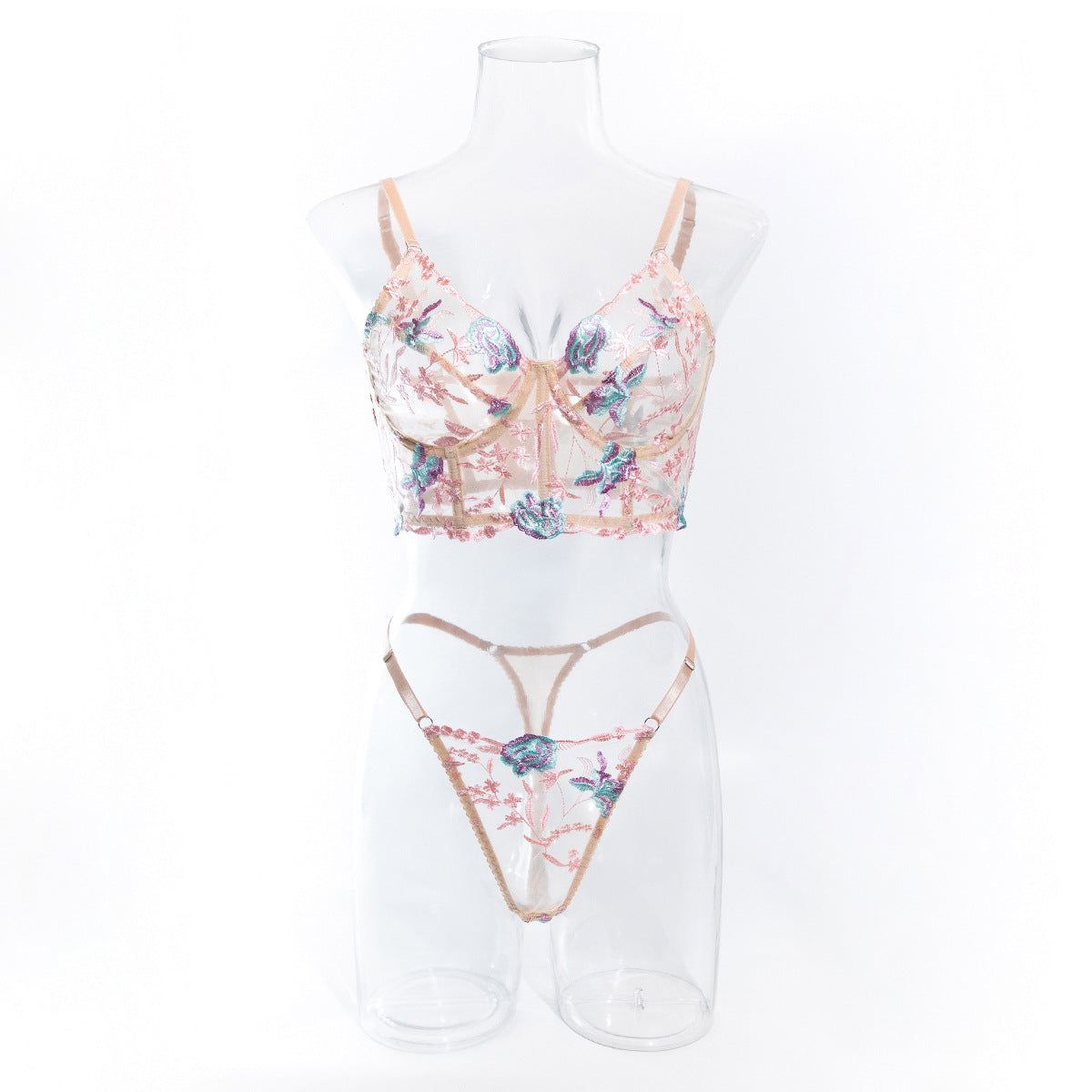 House Of Dasein Sweet Floral Embroidered Boned Camisole And Thong Set For Women's Sexy Hollow Out Lingerie - Apricot Pink - L