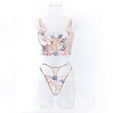 House Of Dasein Sweet Floral Embroidered Boned Camisole And Thong Set For Women's Sexy Hollow Out Lingerie - Apricot Pink - S
