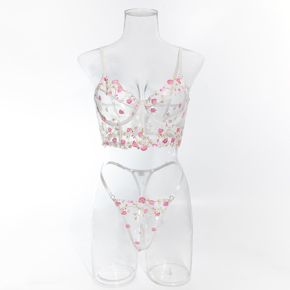 House Of Dasein Sweet Floral Embroidered Boned Camisole And Thong Set For Women's Sexy Hollow Out Lingerie - White - L