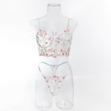 House Of Dasein Sweet Floral Embroidered Boned Camisole And Thong Set For Women's Sexy Hollow Out Lingerie - White - M
