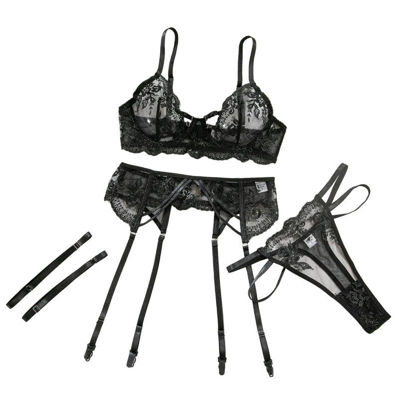 House Of Dasein Sexy Transparent Tempting Embroidered Bra And Garter Belt Four-Piece Set Womens Valentines Day Lingerie - Black - L