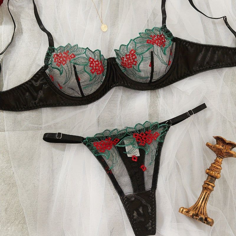 House Of Dasein Underwear Three Point Sexy Mesh Embroidery Perspective Fun Lingerie Set Women's Pants Temptation - Black - Xl