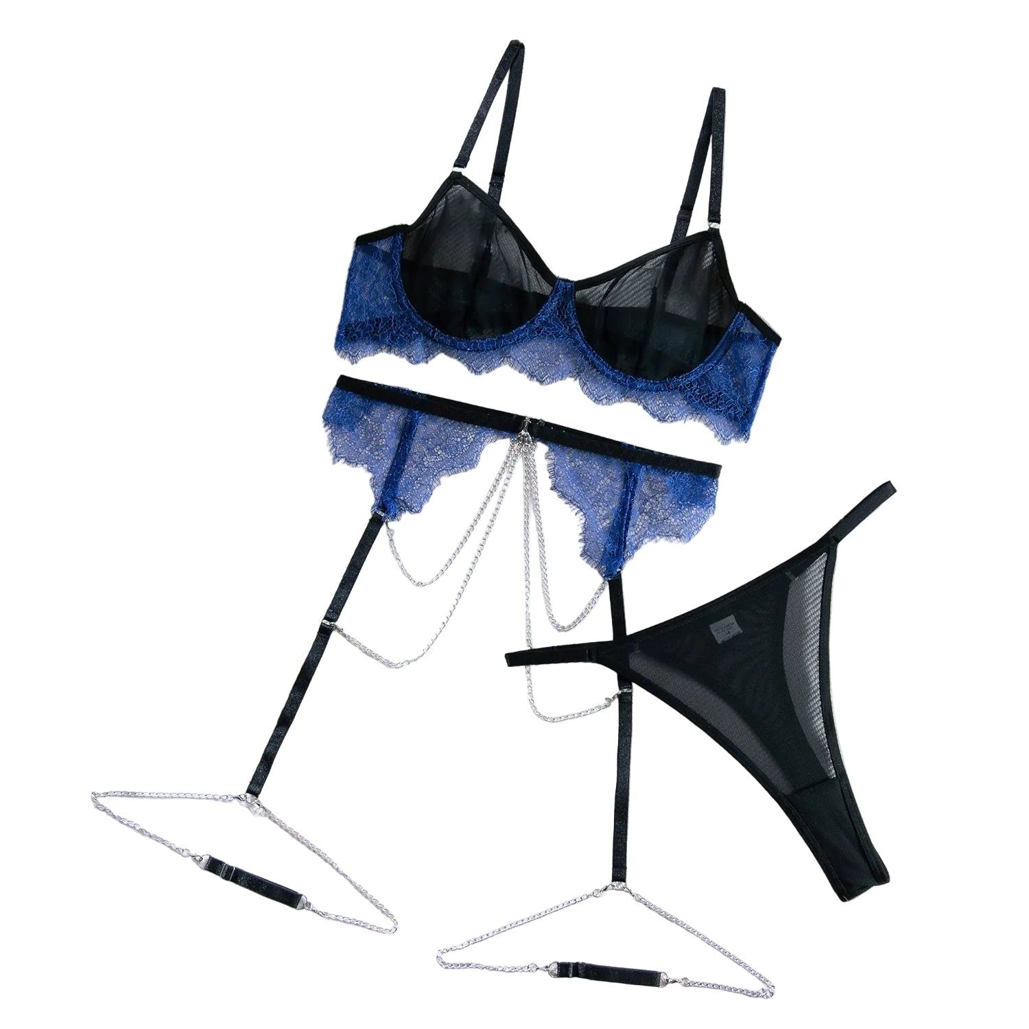 House Of Dasein Sexy Lingerie Lace Mesh Splicing Contrast Color Gathered Transparent With Chain Three-Piece Set - Black - S