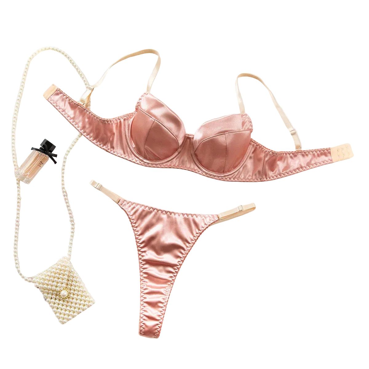 House Of Dasein Sexy Satin Lingerie Set For Women Thin And Comfortable With Gathering Supportive Design Prevents Sagging French Style Bra - Champagne - M