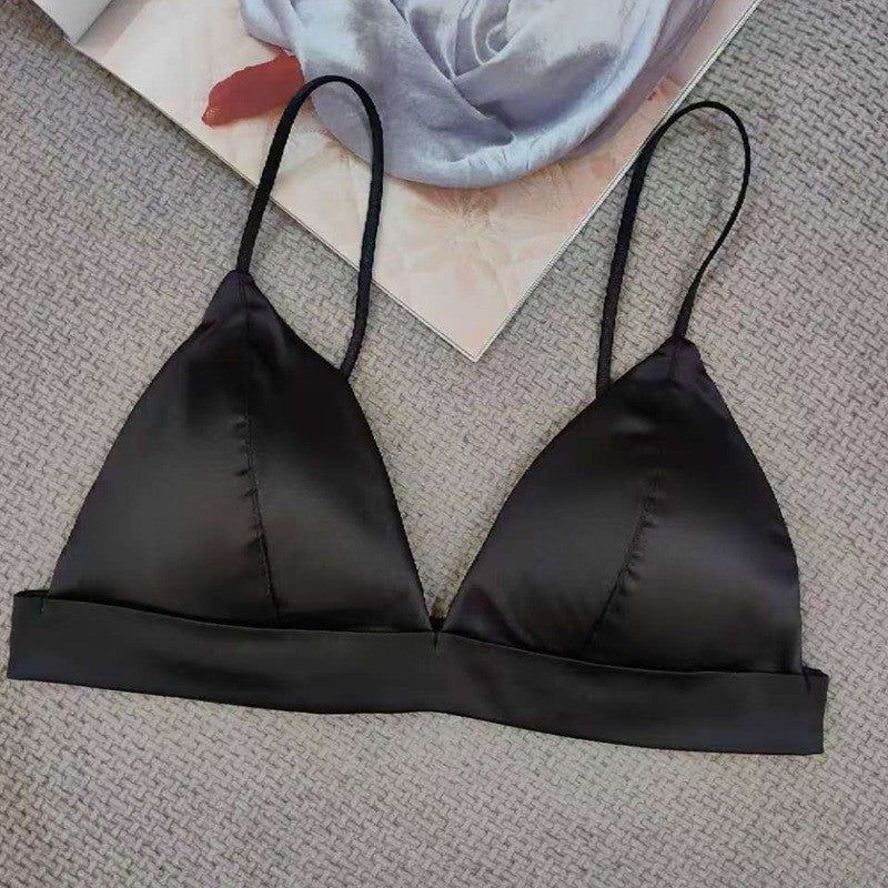 House Of Dasein Triangle Cup Bra Summer Thin Strap Satin Wire Free Bustier Large Chest Minimizer Sexy Lingerie - Black - S