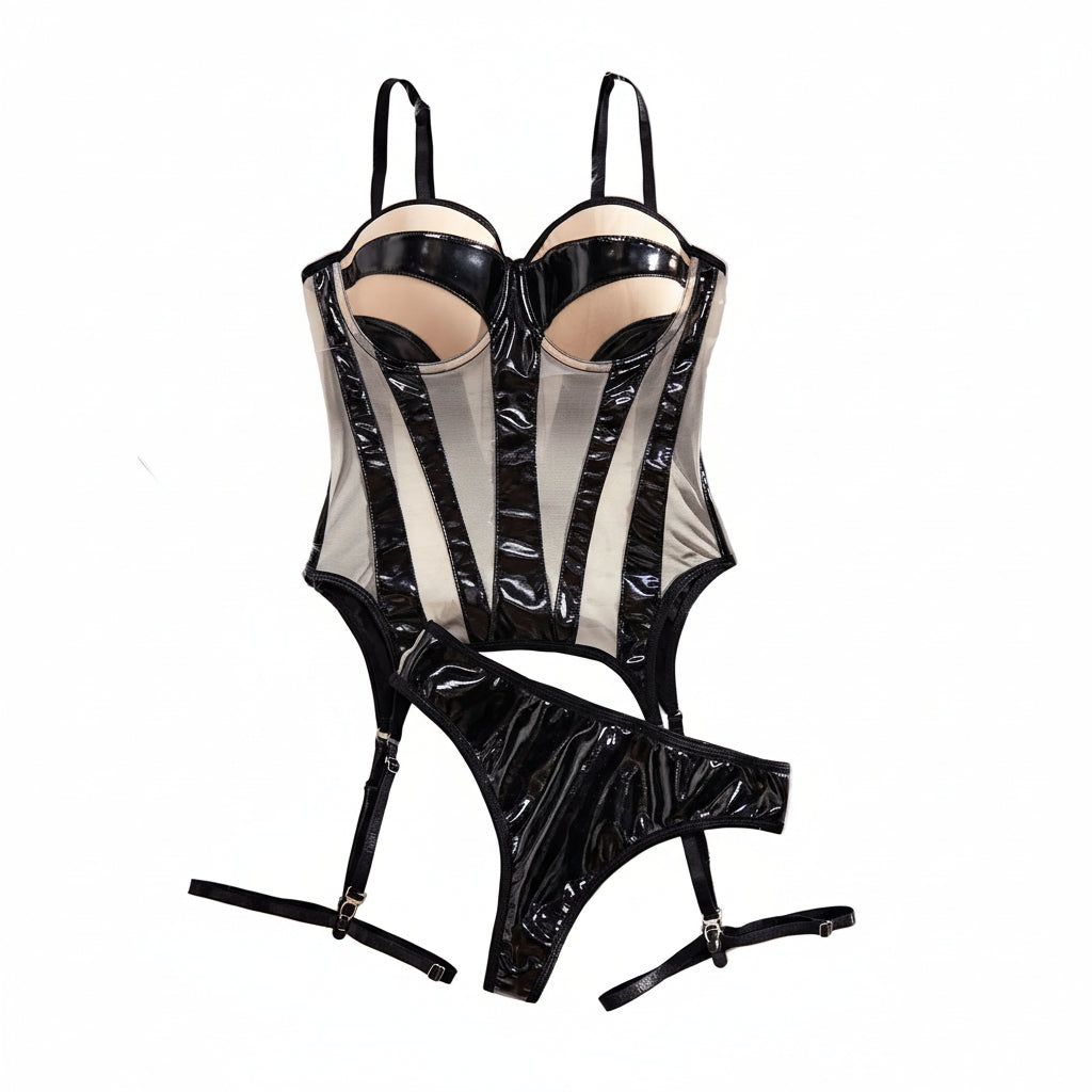 House Of Dasein Sexy Leather Fabric Spliced Mesh Suspender Lingerie Three Piece Set - Black Skin Color - M