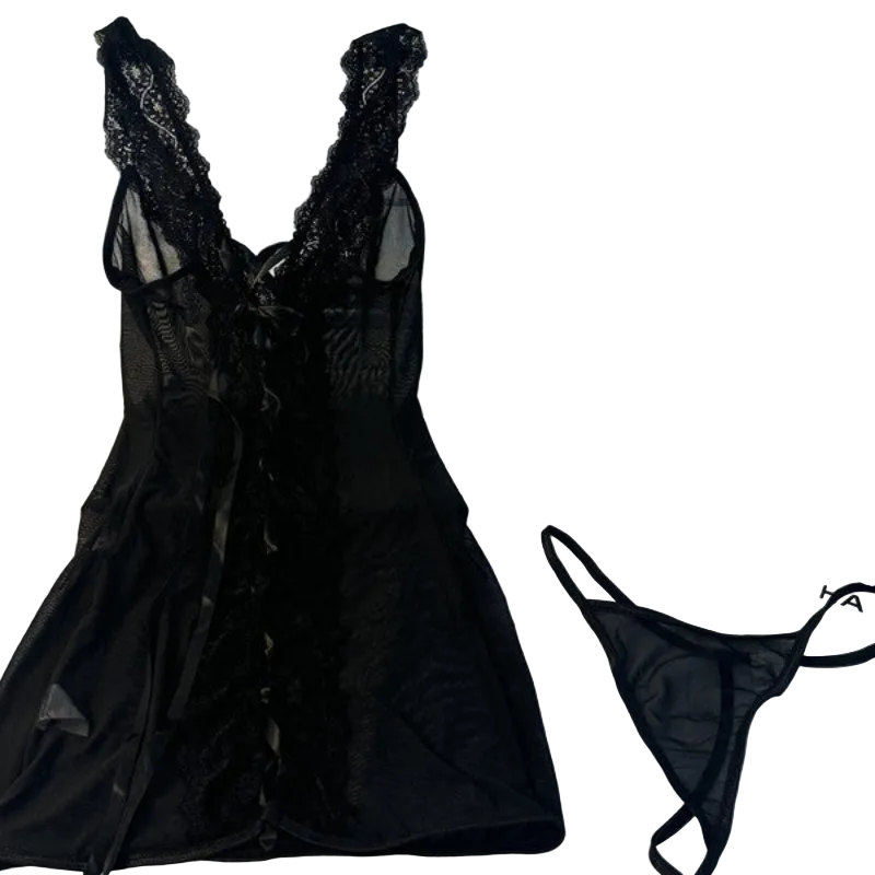 House Of Dasein Sexy Lace V-Neck Transparent Temptation Nightgown Erotic Underwear Pure Desire With Thong - Black - S