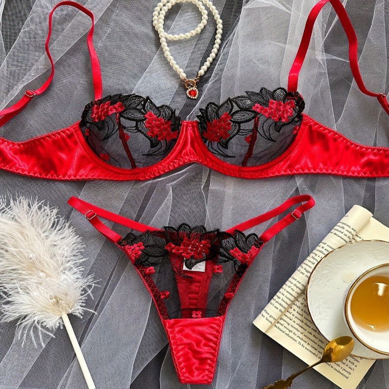 House Of Dasein Underwear Three Point Sexy Mesh Embroidery Perspective Fun Lingerie Set Women's Pants Temptation - Red - S