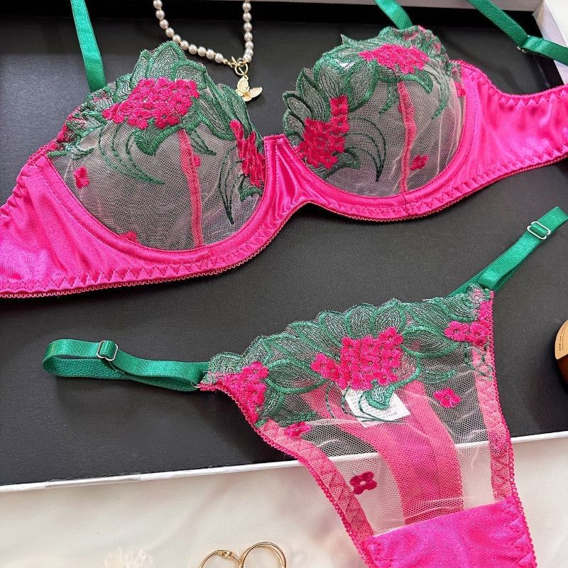 House Of Dasein Underwear Three Point Sexy Mesh Embroidery Perspective Fun Lingerie Set Women's Pants Temptation - Rose Red - S