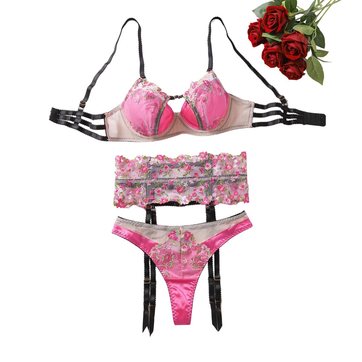 House Of Dasein Sexy Mesh Perspective Embroidery Flower Gathering Fun Underwear 3-Piece Set - Black Pink - M