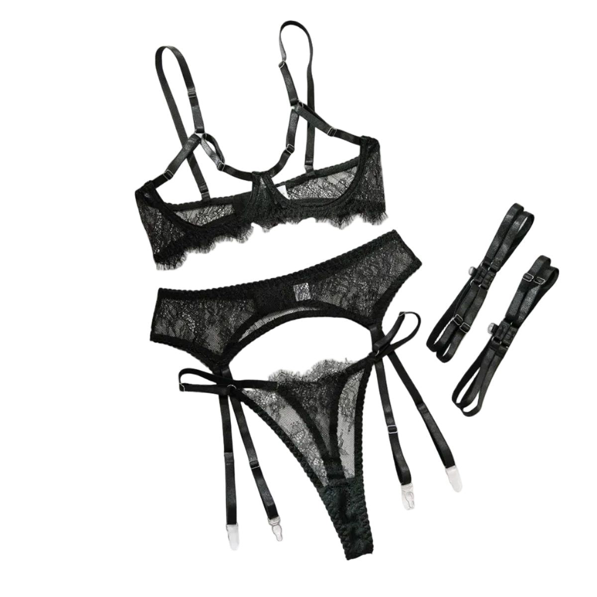 House Of Dasein Sexy Black Lace Hollow-Out No-Removal Passion Temptation Erotic Underwear Four-Piece Set - Black - M