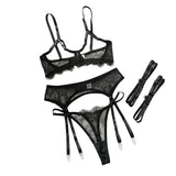 House Of Dasein Sexy Black Lace Hollow-Out No-Removal Passion Temptation Erotic Underwear Four-Piece Set - Black - Xl