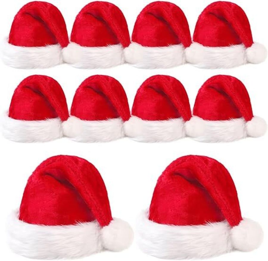 10Pack Christmas Santa Hats For Adults - Extra Thicken Velvet Claus Women Men Fluffy Plush Xmas Party Supplies New Year's Eve Teenagers