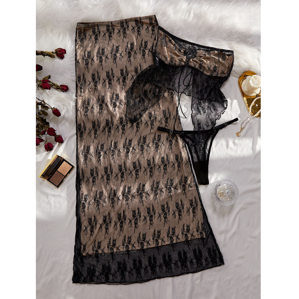 House Of Dasein Lace Embroidery Sexy Tie Strapless Floor Length Long Skirt Three Piece Set For Women - Black - S