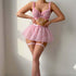 House Of Dasein Cross-Border Foreign Trade Fashion Simple Sexy Beaded Chain Transparent Mesh Pleated Lace Strap Lingerie Set - Pink - M