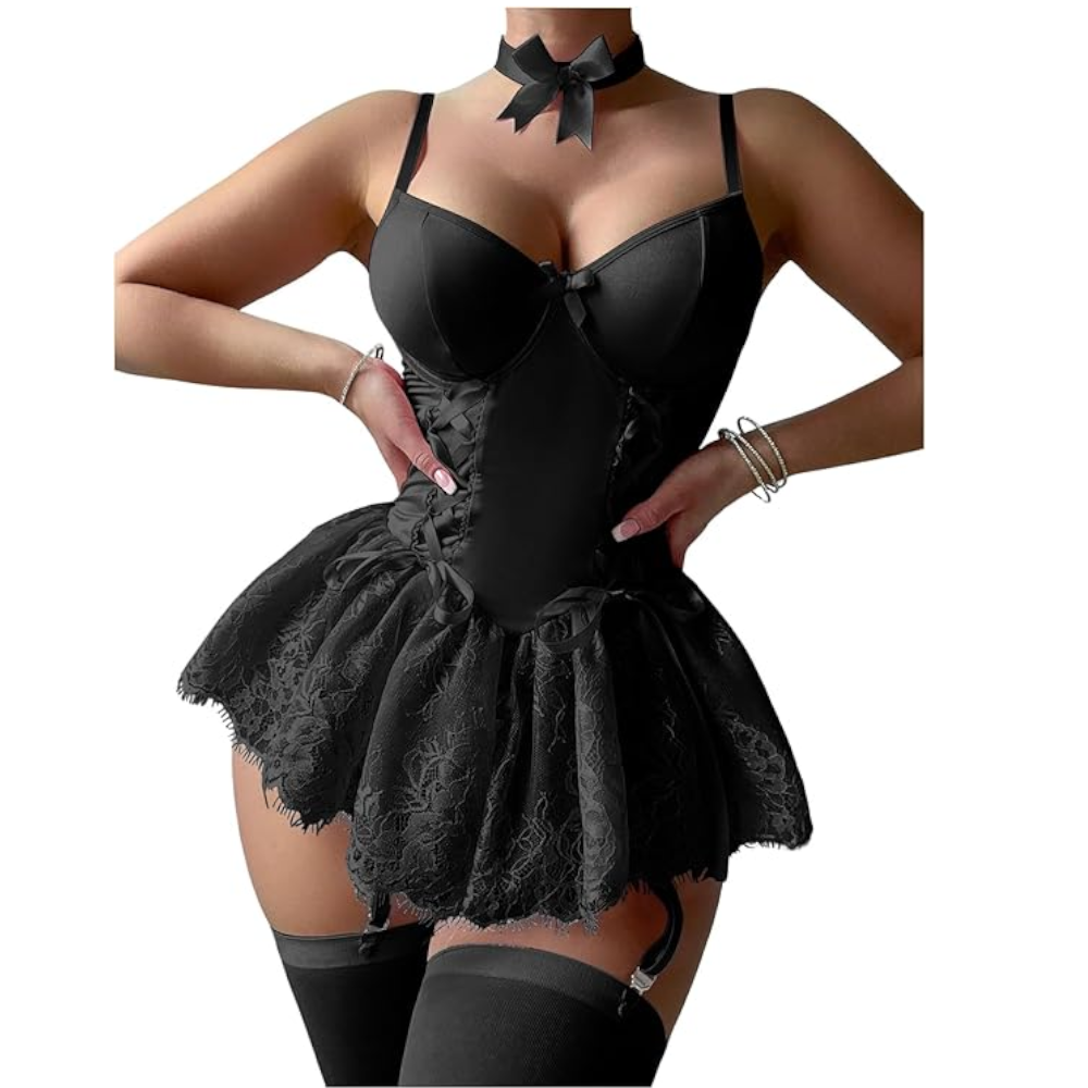 House Of Dasein Cross-Border Pure Desire Shapewear Jumpsuit With Suspender Stockings Set Erotic Lingerie Sexy Mesh Bow Suspenders Lace Dress - Black - L