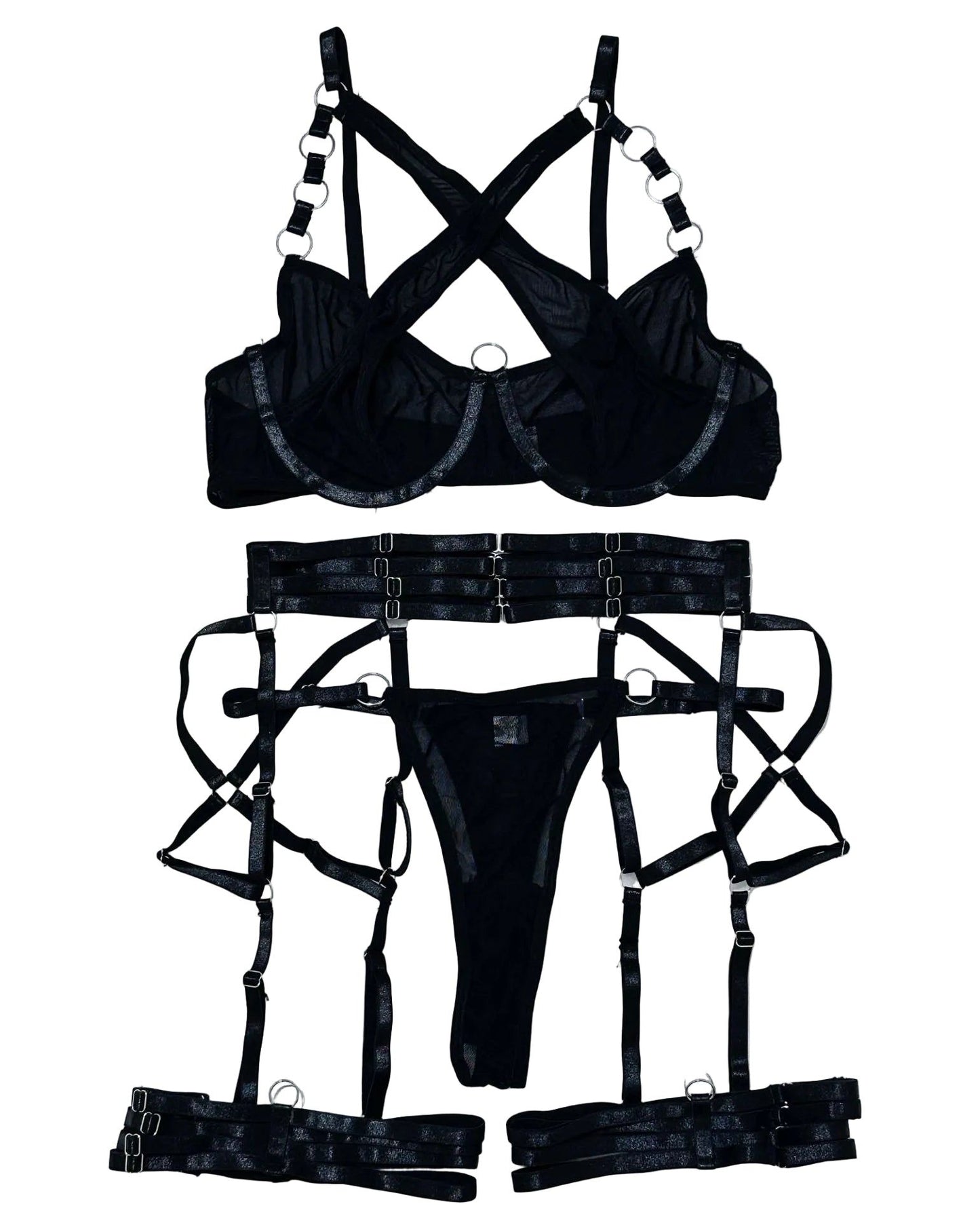 House Of Dasein Cross-Strap Neckline Underwear With Steel Ring Pure Desire Sexy Set For Women - Black - L
