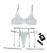 House Of Dasein Cross-Border Sexy Lingerie Lace Trim Rhinestone Transparent Thong Garter Belt Four-Piece Set - White - L