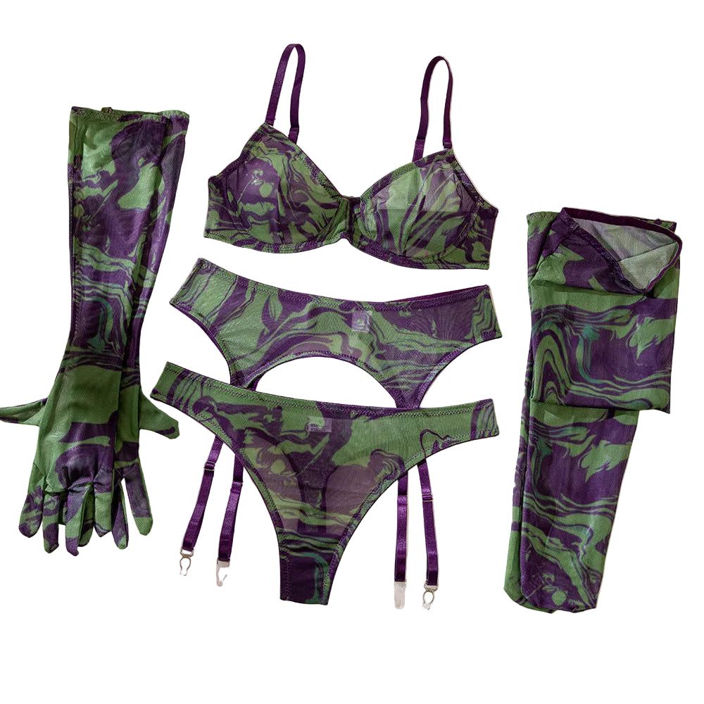 House Of Dasein Erotic Lingerie Set With Gloves And Socks - Sexy Underwear Lace Printed Fabric - Green - M